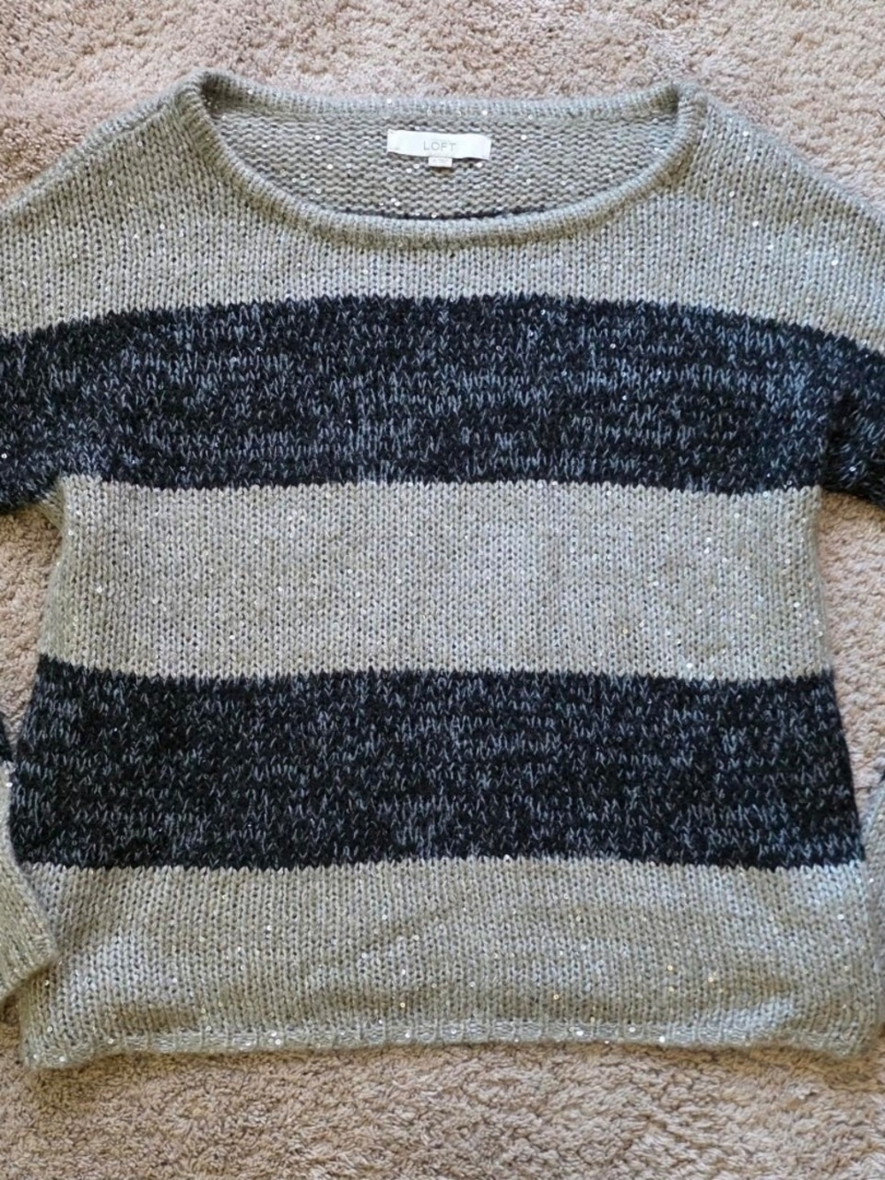 LOFT Striped Sequin Sweater Gray & Black XL
